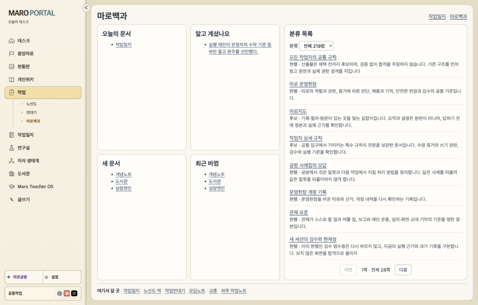 Screenshot of the Maro Portal macOS app: the work encyclopedia of rules, concepts, and lessons learned, sorted by category